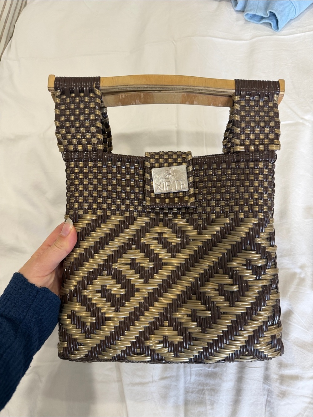 Woven Mini Bag in Brown and Tan with Wooden Handle
